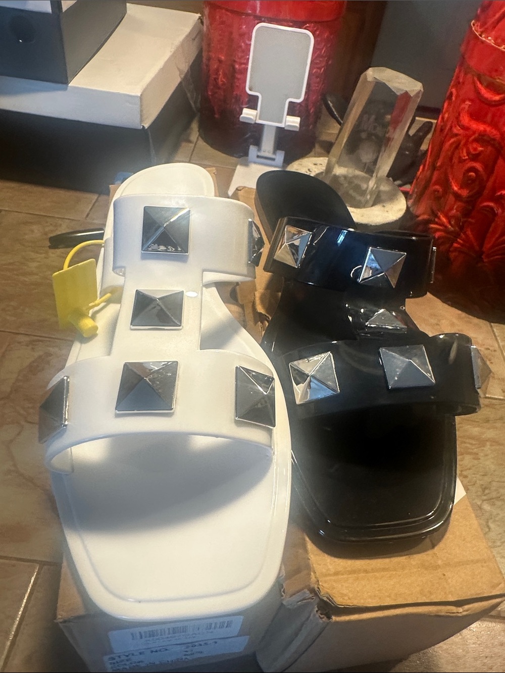 Women’s Studded Double-Strap Slide Sandals - White and Black